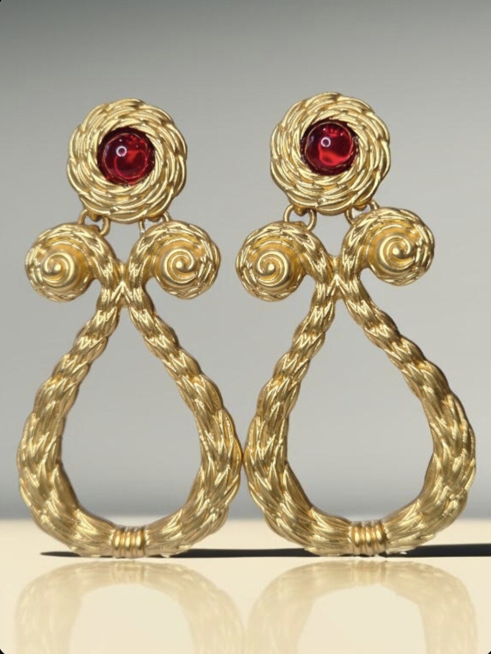 18k Matte Gold Plated Etruscan Swirl Ruby Cabochon Oversized Earrings